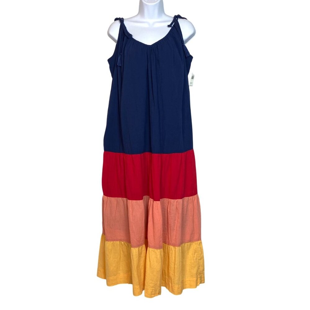 Old Navy Sleeveless Tasseled Navy Colorblock All-Day Maxi Swing Dress Size L NWT - Picture 2 of 10